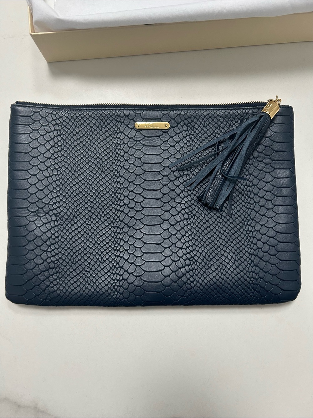 GiGi New York Navy Embossed Leather Tassel Clutch